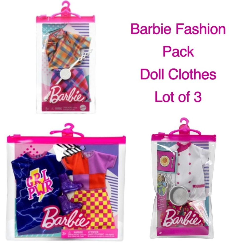 🆕 Barbie Fashion Plaid, GRL PWR, Chef Doll Clothes & Accessories Lot of 3